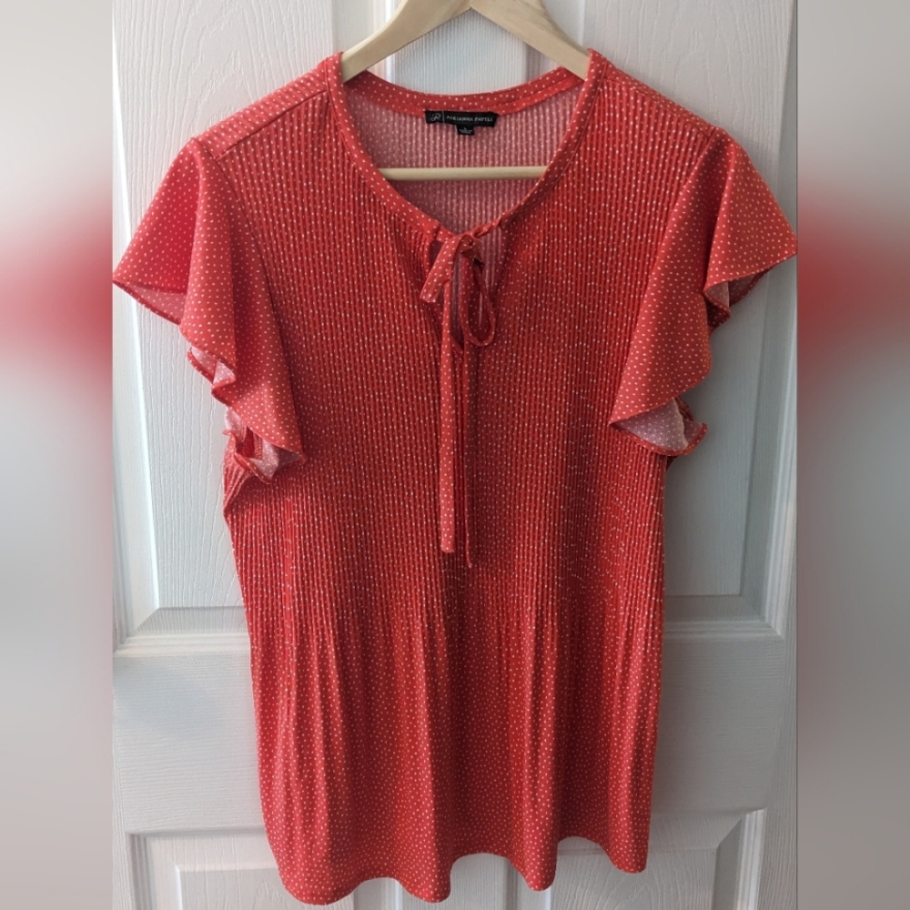 ADRIANNA PAPELL Orange Ruffle Sleeve Blouse with Mini Pleats and Drape